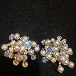 Vintage 50s Dangle Cluster Faux Pearl And Crystal Earrings Made In Japan
